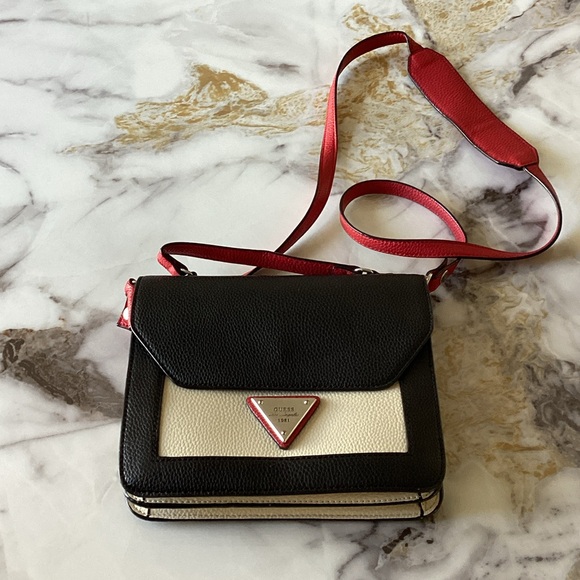 Guess Handbags - Guess Black and Cream Crossbody with Red Strap